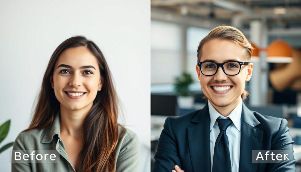 A split-image transformation showcasing a creative entrepreneur before and after their personal branding journey. In the foreground, depict two headshots of the same individual: on the left, a casual pose with a relaxed expression in a simple, unadorned background; on the right, the same individual in a polished business attire, exuding confidence and professionalism, set against a modern office background with soft-focus elements. The lighting should be bright and uplifting, highlighting their facial features, with a slight glow around the after image to signify transformation. The atmosphere is vibrant and inspiring, illustrating the balance between personality and professionalism, emphasizing the entrepreneur's growth and evolution in their branding. A split-image transformation showcasing a creative entrepreneur before and after their personal branding journey. In the foreground, depict two headshots of the same individual: on the left, a casual pose with a relaxed expression in a simple, unadorned background; on the right, the same individual in a polished business attire, exuding confidence and professionalism, set against a modern office background with soft-focus elements. The lighting should be bright and uplifting, highlighting their facial features, with a slight glow around the after image to signify transformation. The atmosphere is vibrant and inspiring, illustrating the balance between personality and professionalism, emphasizing the entrepreneur's growth and evolution in their branding.