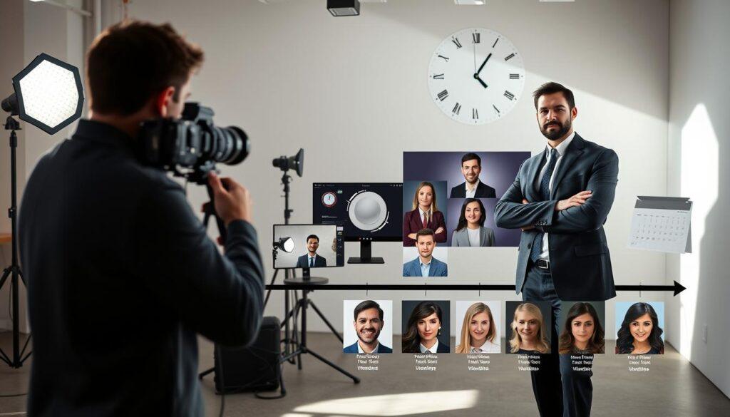 A visually engaging timeline illustrating key moments in an entrepreneur's photography journey. In the foreground, a professional photographer is capturing an entrepreneur in a well-lit studio, equipped with high-end camera gear. The entrepreneur, dressed in business attire, poses confidently, showcasing their personality. In the middle ground, various stages of the photography process are depicted: the setup of lighting, the editing process on a computer screen, and printed headshots displaying different styles. In the background, a subtle clock and calendar motif represents timelines and deadlines, creating a sense of urgency. Bright, natural lighting floods the scene, casting soft shadows for depth. The overall mood is dynamic and inspiring, perfectly reflecting the essence of entrepreneurship and professionalism. A visually engaging timeline illustrating key moments in an entrepreneur's photography journey. In the foreground, a professional photographer is capturing an entrepreneur in a well-lit studio, equipped with high-end camera gear. The entrepreneur, dressed in business attire, poses confidently, showcasing their personality. In the middle ground, various stages of the photography process are depicted: the setup of lighting, the editing process on a computer screen, and printed headshots displaying different styles. In the background, a subtle clock and calendar motif represents timelines and deadlines, creating a sense of urgency. Bright, natural lighting floods the scene, casting soft shadows for depth. The overall mood is dynamic and inspiring, perfectly reflecting the essence of entrepreneurship and professionalism.