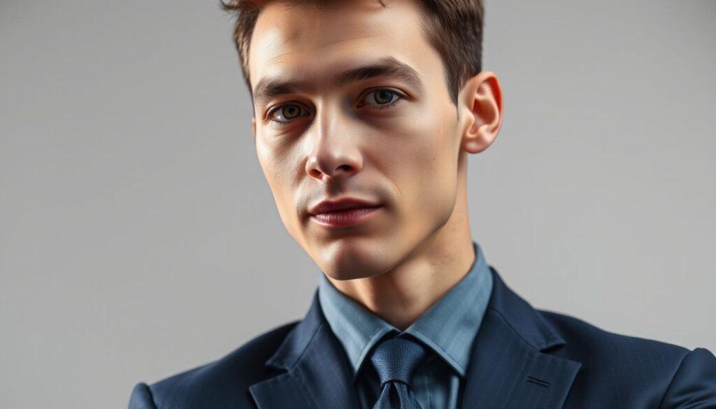 A close-up of a professional entrepreneur in a well-lit studio, showcasing detailed headshot editing techniques. The individual, dressed in a crisp, tailored navy suit with a subtle tie, has neatly styled hair, emphasizing their confidence and professionalism. In the foreground, subtle adjustments are illustrated on the suit's collar, showcasing the editing process of ensuring a clean and polished appearance. In the middle, focus on the smooth skin texture and natural facial features, highlighting the importance of minor touch-ups in enhancing the overall look. The background is a soft, blurred gradient of light gray, creating a clean and sophisticated atmosphere, evoking a sense of professionalism and refinement, with soft, diffused lighting to create an inviting mood.