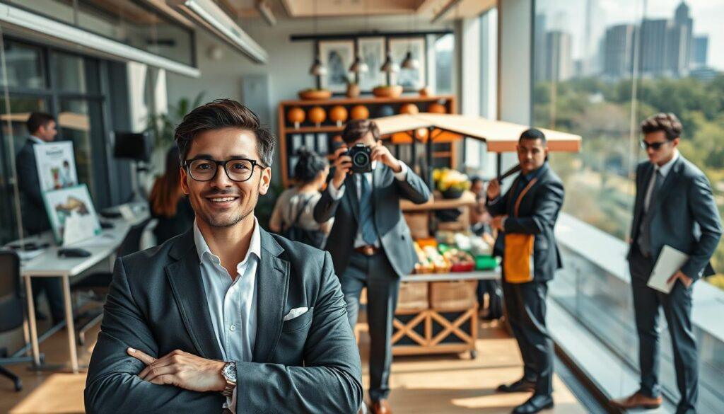 A diverse group of well-dressed professionals in a variety of industry-specific locations, showcasing strategic brand photography settings. In the foreground, a confident entrepreneur in a sleek office space, surrounded by modern technology and promotional materials. In the middle ground, a creative professional taking photos in a vibrant café with artistic decorations, while another is at an outdoor market, engaging with local suppliers. The background features a high-rise cityscape and a serene park, representing contrasting environments. Soft, natural lighting casts flattering shadows, with a shallow depth of field to focus on the subjects. The mood is dynamic and inspiring, reflecting the harmony between business type and their ideal settings, evoking a sense of purpose and professionalism. A diverse group of well-dressed professionals in a variety of industry-specific locations, showcasing strategic brand photography settings. In the foreground, a confident entrepreneur in a sleek office space, surrounded by modern technology and promotional materials. In the middle ground, a creative professional taking photos in a vibrant café with artistic decorations, while another is at an outdoor market, engaging with local suppliers. The background features a high-rise cityscape and a serene park, representing contrasting environments. Soft, natural lighting casts flattering shadows, with a shallow depth of field to focus on the subjects. The mood is dynamic and inspiring, reflecting the harmony between business type and their ideal settings, evoking a sense of purpose and professionalism.