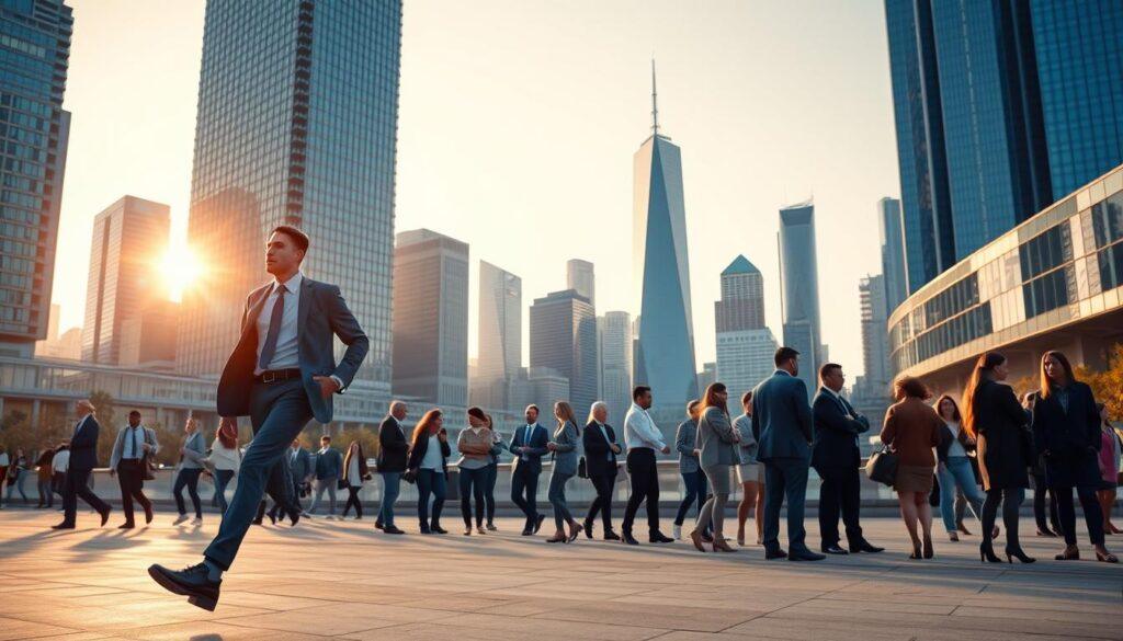 A dynamic urban cityscape at sunrise, showcasing modern skyscrapers and bustling streets. In the foreground, a professional entrepreneur in smart business attire confidently strides, symbolizing ambition and drive. The mid-ground features diverse groups of people engaged in discussions and networking, reflecting a vibrant business community. The background showcases iconic city landmarks, with a warm golden light casting long shadows and highlighting the architectural details. A slight lens flare adds an energetic feel, suggesting growth and opportunity. The atmosphere is vibrant and inspiring, epitomizing the essence of success in an urban setting. The image should be clear and free from any text or logos, focusing solely on the vibrant city atmosphere and the essence of professional ambition. A dynamic urban cityscape at sunrise, showcasing modern skyscrapers and bustling streets. In the foreground, a professional entrepreneur in smart business attire confidently strides, symbolizing ambition and drive. The mid-ground features diverse groups of people engaged in discussions and networking, reflecting a vibrant business community. The background showcases iconic city landmarks, with a warm golden light casting long shadows and highlighting the architectural details. A slight lens flare adds an energetic feel, suggesting growth and opportunity. The atmosphere is vibrant and inspiring, epitomizing the essence of success in an urban setting. The image should be clear and free from any text or logos, focusing solely on the vibrant city atmosphere and the essence of professional ambition.