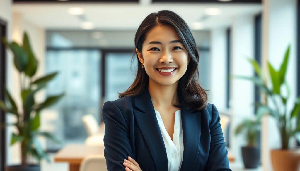 A natural headshot of a confident Asian woman in her mid-30s, dressed in a smart, professional navy blazer over a white blouse. She is positioned slightly off-center, facing the camera with a warm, genuine smile that reflects approachability and professionalism. The background features a softly blurred urban office environment with subtle greenery, creating an inviting yet polished atmosphere. Soft, diffused lighting highlights her facial features, accentuating her natural beauty without signs of over-processing. The image captures the essence of authenticity, portraying her as both relatable and accomplished. The camera angle is eye-level, ensuring a direct connection with the viewer while maintaining a professional tone that resonates with entrepreneurial spirit.