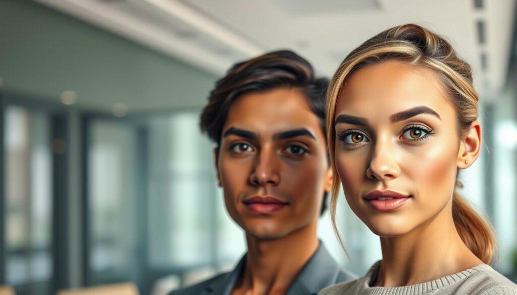 A professional and polished headshot featuring a diverse male and female model in a modern, corporate setting. The male model has a neatly groomed beard and styled hair, wearing a tailored suit. The female model sports natural, glowing makeup with subtle eye enhancements and softly styled hair. Both individuals are positioned against a softly blurred office background, suggesting a professional atmosphere. The lighting is soft and even, enhancing skin tones and giving a warm, inviting feel. The focus is on their confident expressions and polished appearances, captured with a portrait lens at eye level to convey intimacy and professionalism. The overall mood is sophisticated and contemporary, perfectly encapsulating modern grooming and makeup for headshots.