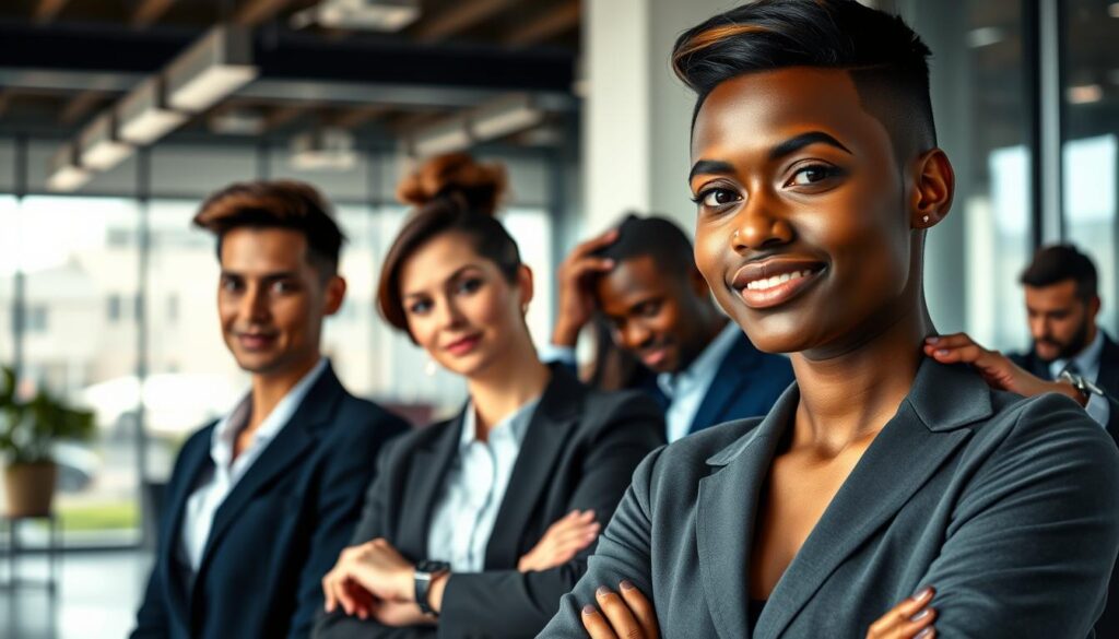 A professional headshot scene featuring a diverse group of individuals, each exhibiting different hairstyles and styles to represent the concept of refresh cadence. In the foreground, a slightly angled close-up of a Caucasian woman in a tailored blazer, showcasing a modern haircut, looking confidently at the camera. Beside her, an African American man wearing a smart casual outfit with a neat hairstyle. In the middle ground, a businesswoman adjusting her hair with a thoughtful expression, and a man looking at his watch, symbolizing timing for updates. The background features a softly blurred modern office environment, with natural light pouring in from large windows. The mood is professional and aspirational, emphasizing the importance of keeping a fresh image.