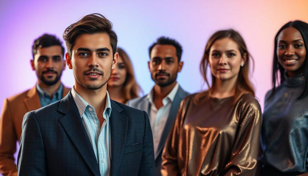 A professional headshot setup featuring a diverse group of individuals dressed in various headshot outfits suitable for entrepreneurs. In the foreground, focus on a model in a tailored blazer with subtle patterns, complemented by a solid-colored shirt to contrast the textures. To the side, another individual wears a slightly shiny top, displaying the effects of light on different fabrics, illustrating moiré patterns. In the background, a soft-focus colorful gradient enhances the mood while maintaining a professional ambiance. The lighting is soft yet directional, creating flattering highlights on the models' faces. Capture the image with a 50mm lens at eye level, emphasizing the textures of the clothing while ensuring all subjects display confidence and approachability, evoking an inspiring atmosphere for professional growth. A professional headshot setup featuring a diverse group of individuals dressed in various headshot outfits suitable for entrepreneurs. In the foreground, focus on a model in a tailored blazer with subtle patterns, complemented by a solid-colored shirt to contrast the textures. To the side, another individual wears a slightly shiny top, displaying the effects of light on different fabrics, illustrating moiré patterns. In the background, a soft-focus colorful gradient enhances the mood while maintaining a professional ambiance. The lighting is soft yet directional, creating flattering highlights on the models' faces. Capture the image with a 50mm lens at eye level, emphasizing the textures of the clothing while ensuring all subjects display confidence and approachability, evoking an inspiring atmosphere for professional growth.