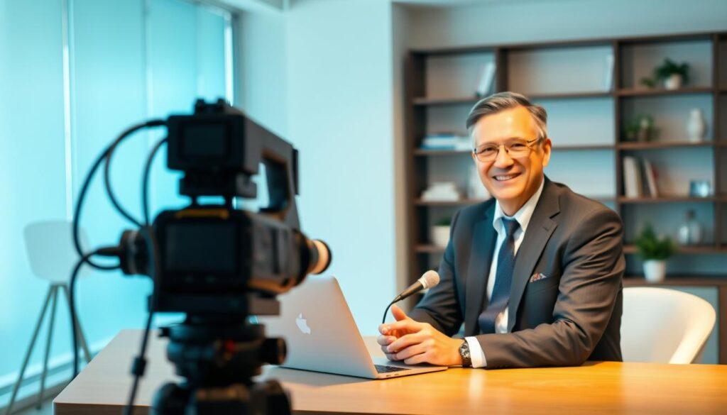 A professional video headshot interview setup in a modern office space. In the foreground, a confident individual in business attire sits in front of a high-quality camera, positioned at eye level. The subject, a middle-aged professional with a welcoming smile, engages in conversation with an off-camera interviewer. The middle ground features a sleek, minimalistic desk with a laptop and a microphone. Soft, flattering lighting illuminates the scene, creating a warm and inviting atmosphere. The background displays a stylish bookshelf with business-related books and subtle decorations, enhancing the professional vibe. Use a shallow depth of field to keep the focus on the subject while softly blurring the background. The overall mood should be bright and engaging, showcasing the importance of video content in building a professional brand.