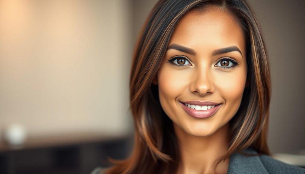 A refined and polished headshot of a professional individual showcasing hair makeup and grooming techniques. The subject, a diverse woman in her early 30s, is dressed in a smart business attire, with soft lighting accentuating her natural beauty. She has radiant, well-balanced lip and cheek tones that reflect a subtle brand palette, ensuring a polished yet effortless look. The foreground captures her face with a smooth focus, while the middle features a blurred backdrop of neutral colors that evoke a professional atmosphere. The lighting is soft and even, mimicking natural daylight, and the photo is taken at eye level with a standard lens, creating an inviting and approachable mood. The image conveys confidence and professionalism without any text or distractions.