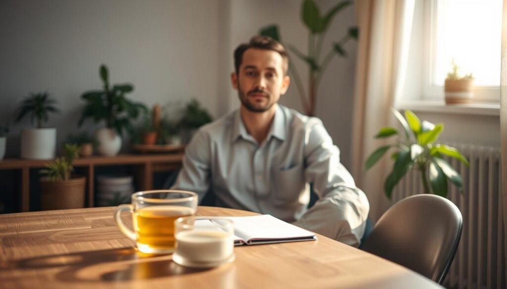 A serene wellness-themed setting featuring a calm individual preparing for a headshot session. The foreground shows a well-groomed professional in modest casual attire, sitting at a table with a notepad and herbal tea, embodying tranquility and focus. In the middle ground, a well-organized space is decorated with plants and soft lighting, radiating a warm glow that highlights the individual's features. The background includes a softly blurred window with gentle sunlight streaming in, emphasizing a tranquil morning atmosphere. The angle is slightly above eye level, providing an engaging perspective on the subject. The overall mood is calm and uplifting, suggesting the importance of sleep and wellness in preparation for photographic success.