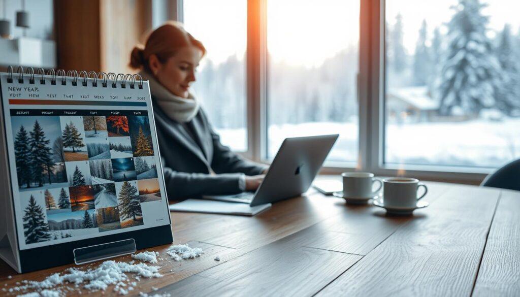 A serene winter landscape featuring a stylish, professional photo calendar displayed prominently in the foreground. The calendar showcases various seasonal images, with a focus on winter scenes like snow-covered pine trees and cozy indoor settings. In the middle ground, a business professional dressed in a smart, fitted coat and scarf is thoughtfully reviewing plans and goals at a wooden table with a laptop and a steaming cup of coffee. The background reveals a soft-focus view of a snowy landscape through a window, gently diffusing natural sunlight that casts a warm glow. The atmosphere is calm and reflective, evoking a sense of strategic planning and inspiration for the New Year. The scene is captured with a close-up lens to emphasize details and create an intimate feel.