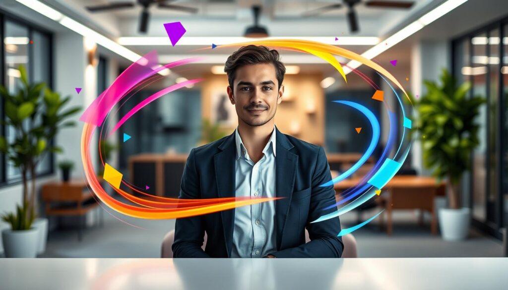 A sleek, modern workspace with a professional video headshot setup at the forefront, featuring a person in business attire, confidently poised against a softly lit backdrop. In the middle ground, vibrant motion graphics swirl around the video headshot, incorporating elements like dynamic shapes and abstract designs that symbolize creativity and innovation. The background showcases a blurred out office environment, emphasizing a professional atmosphere with touches of greenery and stylish furniture. The lighting is bright and engaging, casting gentle shadows to add depth. The overall mood is inspiring and dynamic, capturing the essence of enhancing personal branding through motion graphics and video technology.