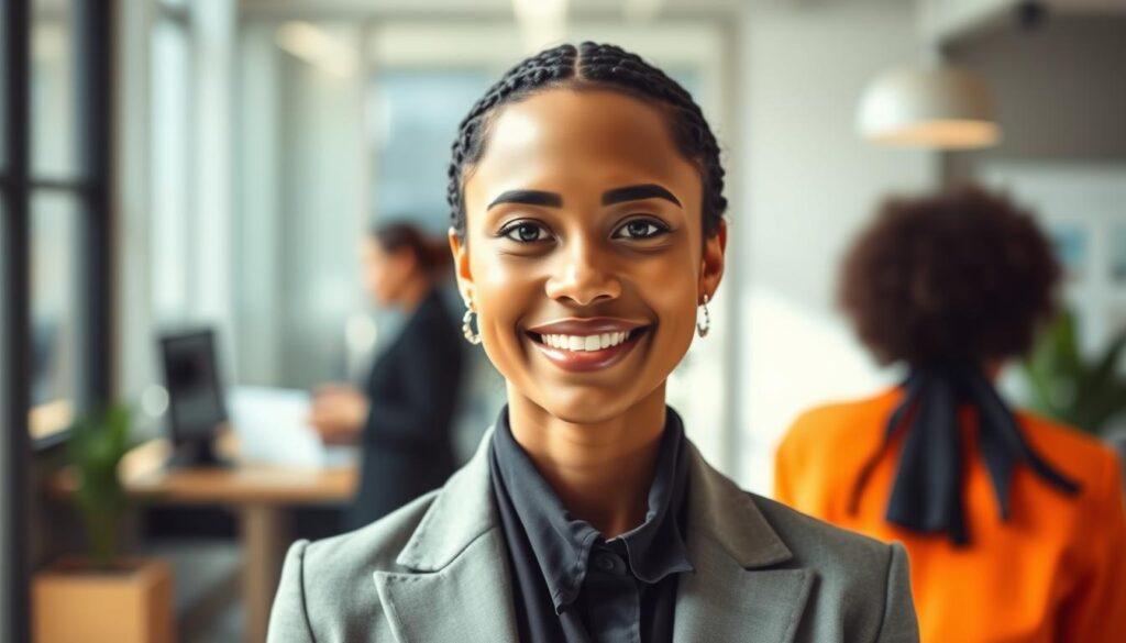 A sophisticated headshot of a diverse individual, reflecting the concept of color psychology in professional attire. In the foreground, the individual is dressed in a chic outfit that illustrates the contrast between neutral and bold colors, harmonizing with their skin tone. The middle ground features a blurred backdrop of a modern office setting, enhancing the professional atmosphere. Soft, diffused natural lighting highlights the subject's face and attire, creating a warm and inviting mood. The angle is slightly above eye level, capturing the person's confident expression as they engage in a friendly yet professional demeanor. The color palette should be balanced, showcasing how their outfit bridges neutrals and bold tones, embodying the essence of brand identity and first impressions. A sophisticated headshot of a diverse individual, reflecting the concept of color psychology in professional attire. In the foreground, the individual is dressed in a chic outfit that illustrates the contrast between neutral and bold colors, harmonizing with their skin tone. The middle ground features a blurred backdrop of a modern office setting, enhancing the professional atmosphere. Soft, diffused natural lighting highlights the subject's face and attire, creating a warm and inviting mood. The angle is slightly above eye level, capturing the person's confident expression as they engage in a friendly yet professional demeanor. The color palette should be balanced, showcasing how their outfit bridges neutrals and bold tones, embodying the essence of brand identity and first impressions.