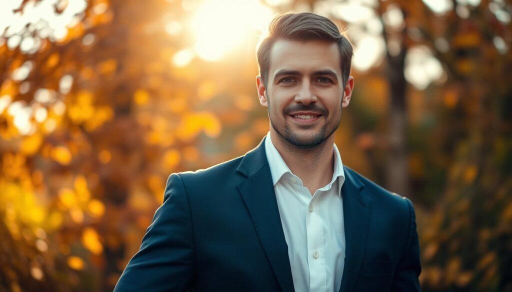 A sophisticated outdoor fall setting featuring a confident, professional individual in a tailored navy suit and a crisp white shirt, posing for a headshot. The subject is framed from the shoulders up, with a slight angle to their right, conveying a sense of authority and approachability. Warm, golden-hour lighting filters through vibrant autumn foliage, casting soft shadows that enhance the subject's features. The background is adorned with blurred, colorful autumn leaves in hues of orange, red, and yellow, creating a cozy, seasonal atmosphere. A shallow depth of field accentuates the individual while maintaining a sense of context relevant to the fall season. The mood is poised and energetic, perfect for a year-end brand refresh.
