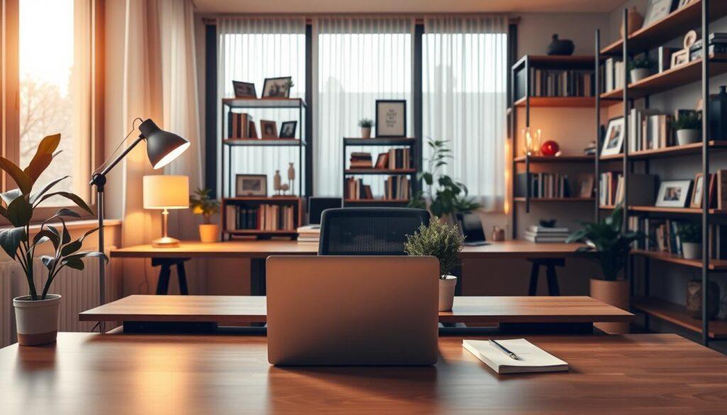 A stylish home office setting that showcases a blend of professionalism and creativity. In the foreground, a sleek wooden desk with a modern laptop, a notepad, and a potted plant, complemented by a comfortable ergonomic chair. The middle layer features warm ambient lighting from a soft desk lamp, casting a cozy glow. In the background, large windows allow natural light to illuminate the room, with sheer curtains gently filtering sunlight. Bookshelves filled with books and inspiring decor pieces enhance the atmosphere. The overall mood is inviting and conducive to productivity, perfect for entrepreneur brand photography. The image captures the essence of a well-organized workspace, showcasing it as both functional and aesthetically pleasing. No people are present, ensuring that the focus remains on the setting itself. A stylish home office setting that showcases a blend of professionalism and creativity. In the foreground, a sleek wooden desk with a modern laptop, a notepad, and a potted plant, complemented by a comfortable ergonomic chair. The middle layer features warm ambient lighting from a soft desk lamp, casting a cozy glow. In the background, large windows allow natural light to illuminate the room, with sheer curtains gently filtering sunlight. Bookshelves filled with books and inspiring decor pieces enhance the atmosphere. The overall mood is inviting and conducive to productivity, perfect for entrepreneur brand photography. The image captures the essence of a well-organized workspace, showcasing it as both functional and aesthetically pleasing. No people are present, ensuring that the focus remains on the setting itself.