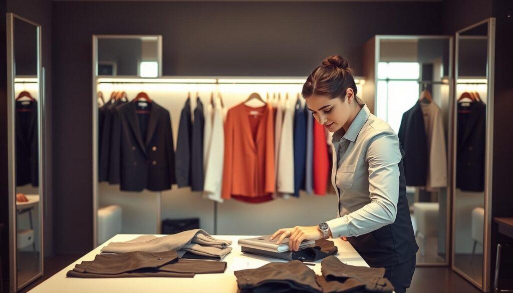 A stylish, well-organized wardrobe selection process for entrepreneurs preparing for a headshot session. In the foreground, a professional individual, dressed in smart business attire, is thoughtfully examining various outfit options laid out on a table. The middle ground features a well-lit, spacious dressing area with mirrors reflecting soft, natural lighting. Hangs neatly on clothing racks are a selection of blouses and blazers in complementary colors that evoke confidence and branding. The background shows cohesive, minimalistic decor, enhancing a professional yet inviting atmosphere. The mood is focused and inspiring, emphasizing the importance of wardrobe choices in creating a powerful visual impact during photo sessions. Capture the scene from a slightly elevated angle, utilizing gentle lighting to enhance texture and detail without harsh shadows.