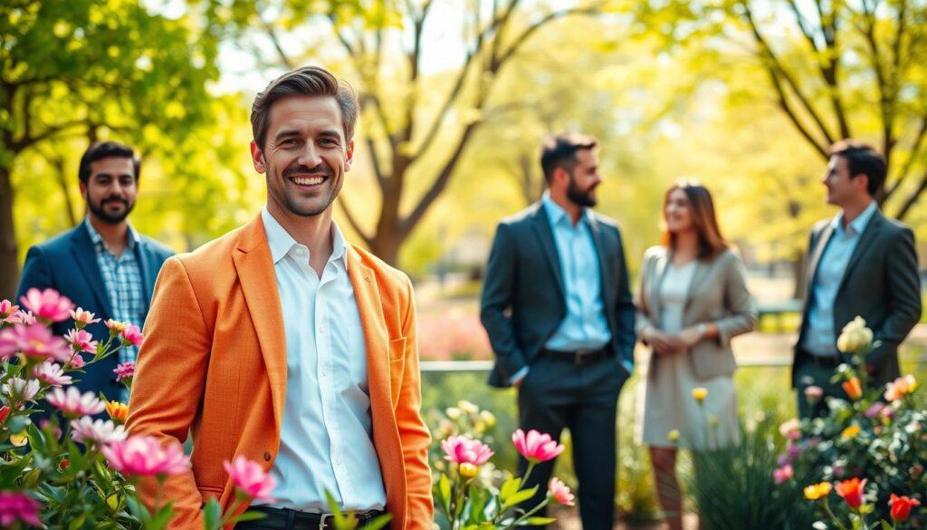 A vibrant spring scene featuring a diverse group of professionals posing for seasonal headshots in a lush outdoor environment. In the foreground, a confident entrepreneur in a crisp white shirt and a colorful blazer stands with a warm smile, surrounded by blooming flowers and fresh greenery. In the middle ground, two other business individuals, one wearing a light dress and the other in smart casual attire, engage in a friendly discussion, embodying collaboration and growth. The background showcases a sunlit park with trees bursting with new leaves, symbolizing renewal and vitality. Soft, natural lighting enhances the fresh, inviting atmosphere, while a shallow depth of field focuses on the subjects while subtly blurring the background, creating a sense of depth and professionalism. The overall mood is upbeat and inspiring, perfect for capturing the essence of spring renewal.