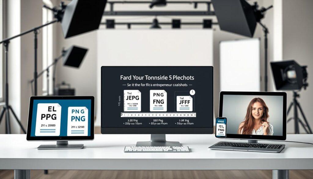 A visually engaging and informative digital composition showcasing various file formats and sizing specifics for professional photo editing in a marketing context. In the foreground, a sleek modern desk holds multiple devices displaying distinct file formats (JPEG, PNG, TIFF) on screens, each featuring their technical specifications. In the middle, a detailed infographic illustrates optimal sizing dimensions for entrepreneur headshots, with rulers and measuring tools subtly integrated into the design, emphasizing precision. The background features a soft-focus photography studio setting with diffused natural lighting, highlighting professionalism and clarity. The overall mood is polished and sophisticated, ideal for a professional setting, encouraging attention to detail in photo editing standards for marketing applications.