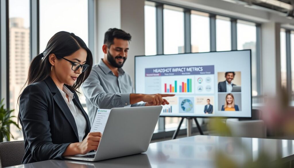 A well-lit modern office setting featuring a diverse group of three professionals analyzing headshot impact metrics on digital devices. In the foreground, a focused woman in business attire examines a laptop screen displaying charts and graphs related to profile views and CTRs, her face illuminated by the screen's glow. In the middle, a man in a smart casual shirt gestures towards a large display showing a vibrant infographic of inbound requests and image comparisons, emphasizing collaboration. In the background, large windows reveal an urban skyline, allowing natural light to flood the room, creating an energetic atmosphere. The mood is analytical yet friendly, with a soft depth of field effect focusing on the professionals while gently blurring the office elements behind them. The lens captures the essence of teamwork and data-driven decisions in a contemporary business environment.