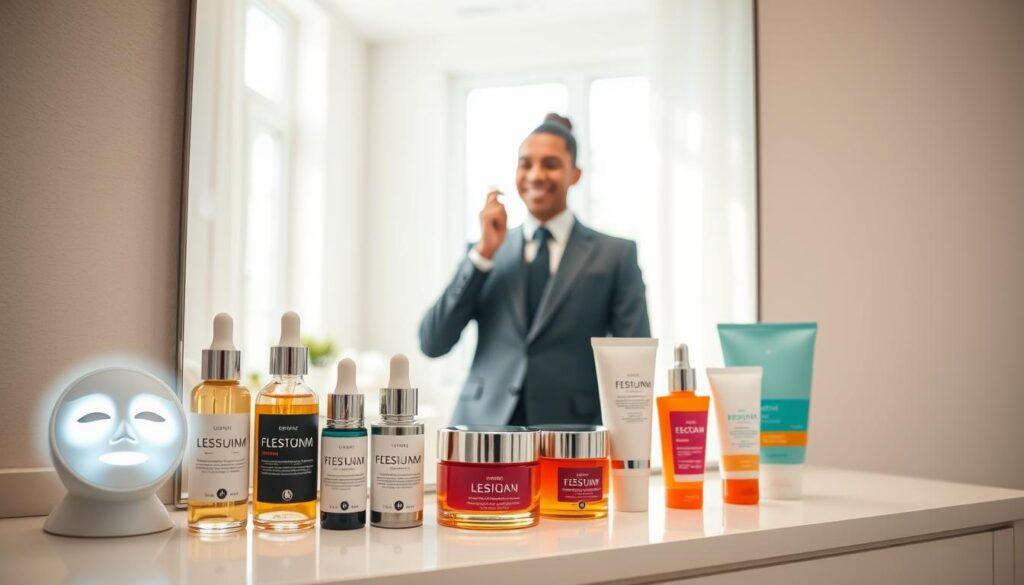 A well-organized skincare routine setup displayed on a clean, light-colored vanity. In the foreground, a selection of professional skincare products, including serums, moisturizer, and sunscreen, arranged neatly beside a glowing face mask. In the middle ground, a soft-focus mirror reflects a confident individual in professional business attire, applying a moisturizer while smiling. The background features a bright, airy room with natural light streaming in from a window, creating a warm and inviting atmosphere. The scene is captured with a shallow depth of field, emphasizing the individual and the skincare products in vibrant colors. The overall mood is uplifting and energetic, encouraging a sense of readiness for a headshot session.
