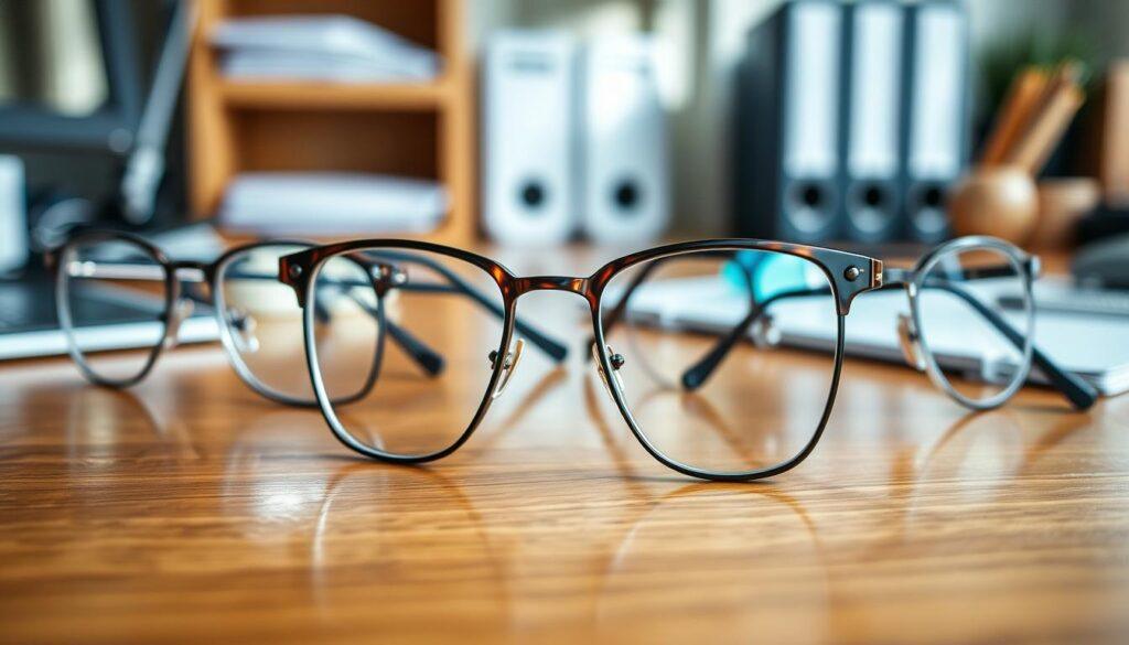 A close-up shot of elegantly designed eyeglasses on a polished wooden surface, showcasing various frame shapes and anti-glare coatings. The glasses should reflect soft, diffused lighting, highlighting their gleam without glare. In the background, subtle reflections of a well-organized desk environment can be seen, suggesting a professional workspace. Ensure the glasses are positioned at a slight angle to emphasize their shape and details, with a gentle tilt that draws attention to the lenses. The atmosphere should convey a sense of sophistication and professionalism, with an emphasis on clarity and clean lines, suitable for a headshot accessory context. No human subjects in the image. A close-up shot of elegantly designed eyeglasses on a polished wooden surface, showcasing various frame shapes and anti-glare coatings. The glasses should reflect soft, diffused lighting, highlighting their gleam without glare. In the background, subtle reflections of a well-organized desk environment can be seen, suggesting a professional workspace. Ensure the glasses are positioned at a slight angle to emphasize their shape and details, with a gentle tilt that draws attention to the lenses. The atmosphere should convey a sense of sophistication and professionalism, with an emphasis on clarity and clean lines, suitable for a headshot accessory context. No human subjects in the image.