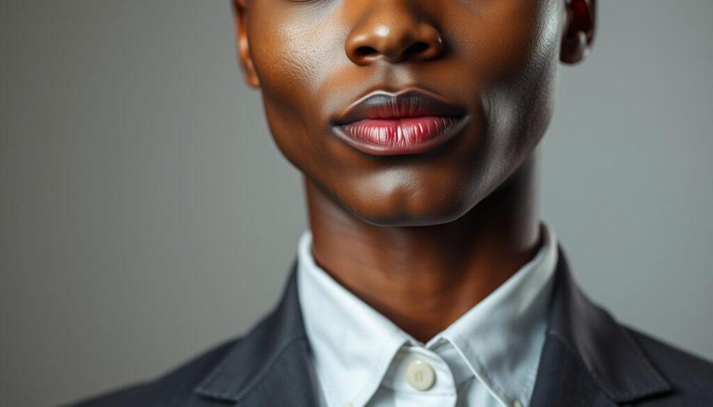 A close-up view of a confident individual’s chin and jawline, positioned slightly tilted forward, emphasizing strong facial features. The subject is dressed in professional business attire, like a tailored blazer and a crisp shirt. The lighting is soft and diffused, casting gentle shadows that highlight the contours of the jawline, creating a sculpted effect. The background is a neutral, blurred gradient, ensuring the focus remains on the face. The image is captured with a portrait lens at a 50mm focal length, enhancing the depth of field. The mood is polished and professional, evoking a sense of confidence and approachability, ideal for a headshot illustrating effective posing techniques.