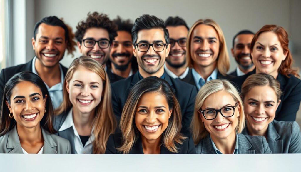 A collection of headshot portraits depicting micro-expressions that convey confident, friendly, focused, authoritative, genuine, and laughter-filled emotions. In the foreground, feature diverse individuals in professional business attire, showcasing subtle variations in their facial expressions, giving a glimpse into their personalities. The middle layer should include soft, flattering lighting that highlights their features and enhances the warmth of their smiles and engagement. The background should be softly blurred, suggesting a neutral yet modern workspace environment, creating an inviting atmosphere. Use a slightly elevated camera angle with a 50mm lens to capture the intricacies of each expression while maintaining an intimate feel. The overall mood should be positive and professional, encouraging confidence and authenticity in headshot photography.