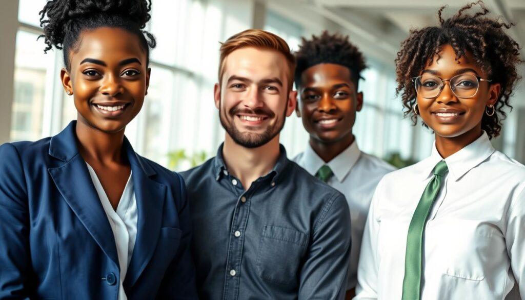 A diverse group of three professionals showcasing various skin tones and hair textures stands confidently in a modern office environment. In the foreground, a dark-skinned woman with coily hair styled in a neat bun wears a tailored blue blazer. Next to her, a light-skinned man with short, straight hair in a casual yet smart button-up shirt smiles, while a medium-brown-skinned person with wavy hair styled neatly in a cropped cut wears a crisp white shirt paired with a stylish green tie. The background features a bright, airy office with large windows allowing natural light to flood the space, casting soft shadows. The overall mood is positive and inclusive, emphasizing professional grooming techniques suitable for all skin tones and hair types, with a focus on collaboration and coordination.