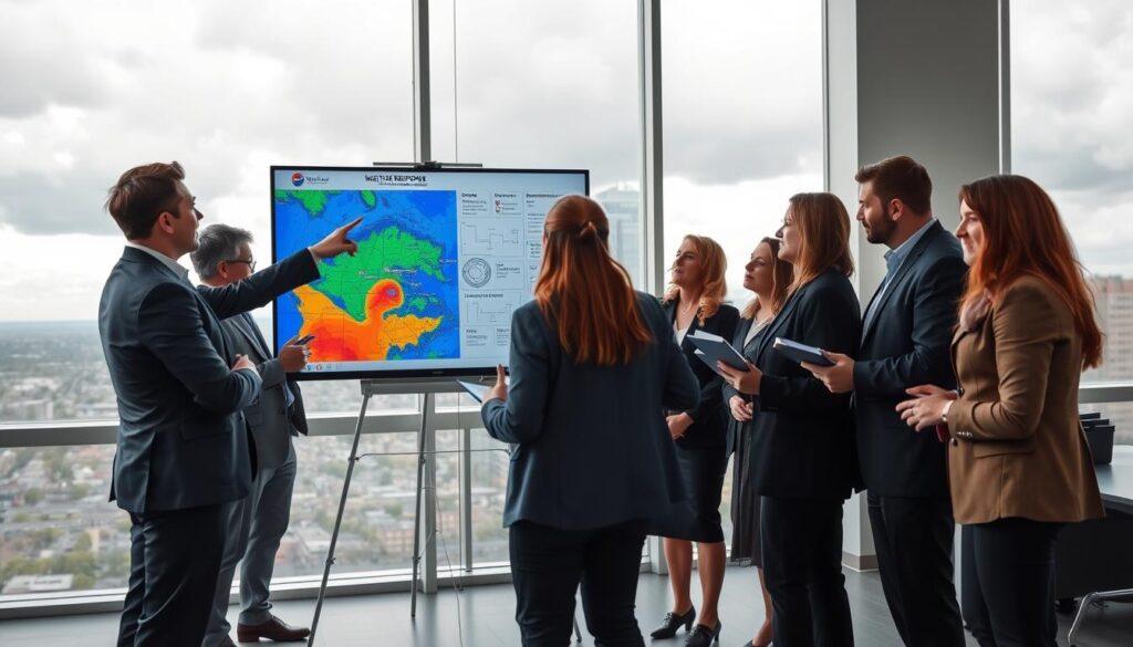 A diverse team of professionals in business attire stands in a modern office setting, engaged in a collaborative discussion around a large digital screen displaying a colorful weather forecast map with radar imagery. In the foreground, one team member points at the screen, while others take notes and gesture emphatically, conveying a sense of urgency and focus. The middle ground features a whiteboard filled with strategic weather response plans and communication flow charts, highlighting the importance of pivoting based on real-time data. In the background, large windows reveal a cloudy sky, suggesting an impending storm. Soft, natural lighting filters through the windows, creating a serious yet constructive atmosphere. The overall mood reflects preparation and teamwork in the face of weather uncertainties.