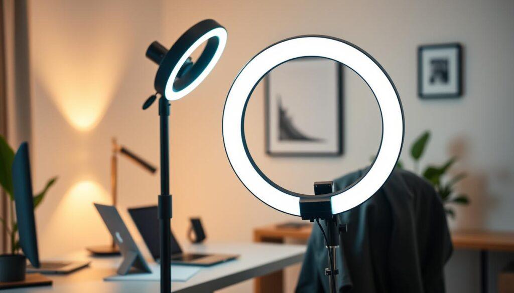 A modern, sleek ring light positioned in a home office setting, illuminating a workspace designed for remote and hybrid video calls. In the foreground, the ring light emits a soft, balanced glow, highlighting a well-organized desk with a high-quality webcam, a laptop, and a subtle, elegant backdrop. The middle ground features a comfortable chair with a professional business outfit draped casually over it, emphasizing a sense of readiness for virtual meetings. The background showcases a tastefully decorated wall with minimalistic art and a plant, creating a vibrant yet calming atmosphere. Soft diffused lighting adds warmth, enhancing the overall focus on the lighting setup. The scene conveys a professional and inviting mood, perfect for effective remote communication. A modern, sleek ring light positioned in a home office setting, illuminating a workspace designed for remote and hybrid video calls. In the foreground, the ring light emits a soft, balanced glow, highlighting a well-organized desk with a high-quality webcam, a laptop, and a subtle, elegant backdrop. The middle ground features a comfortable chair with a professional business outfit draped casually over it, emphasizing a sense of readiness for virtual meetings. The background showcases a tastefully decorated wall with minimalistic art and a plant, creating a vibrant yet calming atmosphere. Soft diffused lighting adds warmth, enhancing the overall focus on the lighting setup. The scene conveys a professional and inviting mood, perfect for effective remote communication.