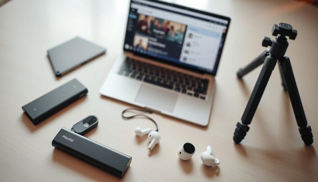 A neatly arranged flat lay of essential tech items for a photoshoot checklist. In the foreground, prominently feature a high-capacity power bank, a sleek Bluetooth remote, and compact wireless earbuds, each styled with a modern aesthetic. In the middle, display an open laptop showing a playlist. Include a lightweight tripod, subtly positioned to the side, showcasing its portability. The background should be softly blurred, with hints of a clean, organized workspace, suggesting readiness and professionalism. Use soft, natural lighting to create a warm, inviting atmosphere, with a slight lens flare to add an artistic touch. The angle should give a top-down view, focusing on the items while maintaining a harmonious and cohesive layout.