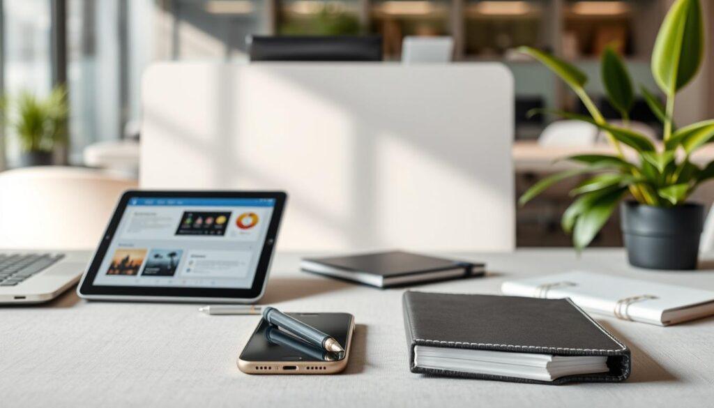A polished headshot composition featuring an array of tech props. In the foreground, a modern laptop is slightly angled, showcasing its sleek design beside a tablet displaying a productivity app. A smartphone lies next to a stylish pen and a neatly arranged notebook with an elegant cover. In the middle ground, focus on a neutral backdrop that suggests a professional yet inviting atmosphere—soft lighting casts gentle shadows to enhance depth. The background includes faint elements of a blurred office setting with subtle accents of greenery to convey a modern workspace vibe. The mood should be professional and inspiring, evoking creativity and productivity. Overall, the scene should highlight the props without overpowering the subject, ensuring a clean, sophisticated look suitable for a business context. A polished headshot composition featuring an array of tech props. In the foreground, a modern laptop is slightly angled, showcasing its sleek design beside a tablet displaying a productivity app. A smartphone lies next to a stylish pen and a neatly arranged notebook with an elegant cover. In the middle ground, focus on a neutral backdrop that suggests a professional yet inviting atmosphere—soft lighting casts gentle shadows to enhance depth. The background includes faint elements of a blurred office setting with subtle accents of greenery to convey a modern workspace vibe. The mood should be professional and inspiring, evoking creativity and productivity. Overall, the scene should highlight the props without overpowering the subject, ensuring a clean, sophisticated look suitable for a business context.