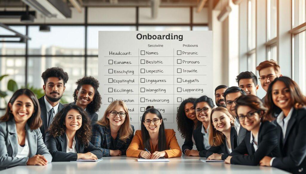 A professional and organized workspace featuring a group of diverse individuals engaged in an onboarding session. In the foreground, show several headshots of each person, displaying them in professional business attire. All individuals should appear enthusiastic and focused. In the middle ground, a large checklist is visible, highlighting key onboarding elements like headcount, names, phonetic pronunciation, and pronouns, designed in an engaging layout. The background captures a modern office environment with soft, natural lighting filtering through large windows, giving a warm and inviting feel. Use a shallow depth of field to keep the focus on the headshots and checklist, creating an atmosphere of collaboration and teamwork.