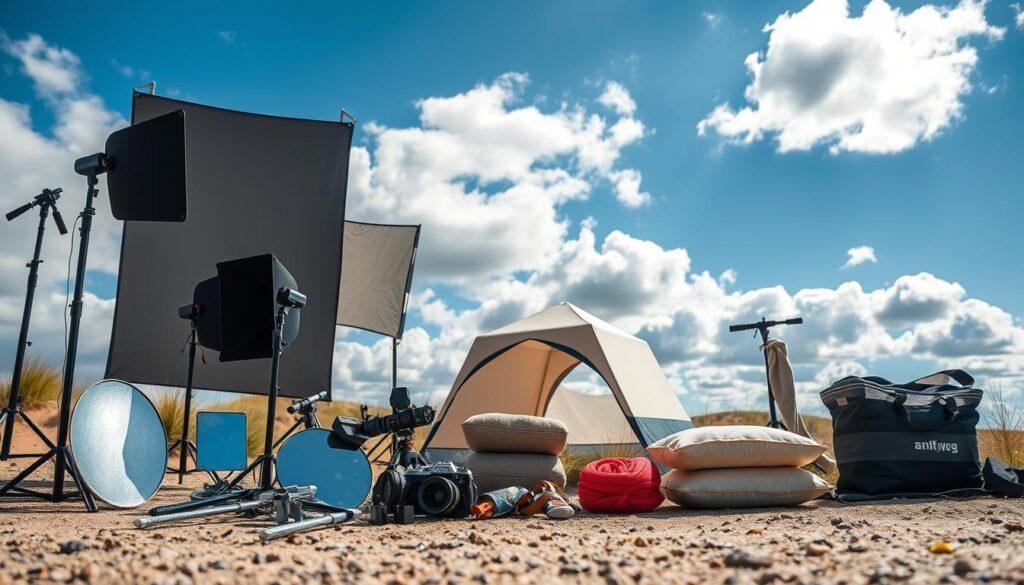 A professional outdoor photography setup showcasing portable weather gear specifically designed for wind and humidity conditions. In the foreground, display a neatly arranged collection of portable shade scrims in various sizes, sturdy reflectors, adjustable clamps, sandbags for securing items, and a practical towel kit—all on a textured ground. The middle ground should feature a soft focus on a well-structured tent, with shadows illustrating how light interacts with the equipment, while the background captures a dynamic sky with rolling clouds, hinting at a changing weather environment. Use natural lighting to create a bright and inviting atmosphere, focusing on a crisp, clear day. Capture the scene from a low angle to emphasize the gear's functionality and versatility, evoking a sense of readiness and resilience amidst varying weather conditions.