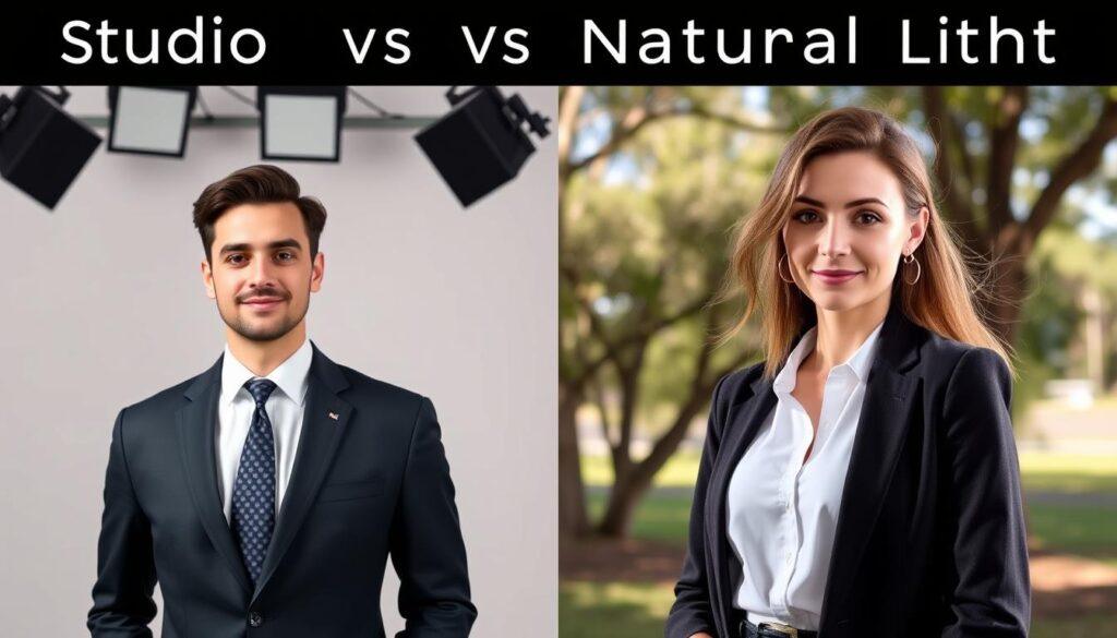 A split image showcasing "studio vs natural light" for professional headshots. On the left, a well-lit studio setup with soft lighting from multiple sources, featuring a confident individual in a tailored suit, standing against a neutral backdrop. The lighting should be even, highlighting the subject's facial features and creating a polished, professional mood. On the right, a natural outdoor scene with soft, diffused sunlight filtering through trees, casting gentle shadows. The same individual poses comfortably, dressed in a smart-casual outfit, with a light breeze tousling their hair slightly, embodying a relaxed yet refined atmosphere. Focus on the contrast between the controlled studio environment and the dynamic, unpredictable nature of outdoor lighting, conveying the essence of adaptability in headshot photography. A split image showcasing "studio vs natural light" for professional headshots. On the left, a well-lit studio setup with soft lighting from multiple sources, featuring a confident individual in a tailored suit, standing against a neutral backdrop. The lighting should be even, highlighting the subject's facial features and creating a polished, professional mood. On the right, a natural outdoor scene with soft, diffused sunlight filtering through trees, casting gentle shadows. The same individual poses comfortably, dressed in a smart-casual outfit, with a light breeze tousling their hair slightly, embodying a relaxed yet refined atmosphere. Focus on the contrast between the controlled studio environment and the dynamic, unpredictable nature of outdoor lighting, conveying the essence of adaptability in headshot photography.