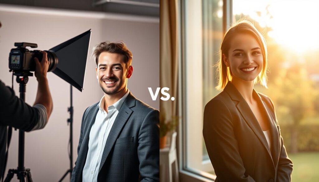 A split scene illustrating "studio vs natural light" for headshot photography. In the foreground, on the left, a professional photographer sets up a softbox, casting a soft, diffused light on a model dressed in a smart business suit, showcasing controlled lighting techniques. The model, smiling confidently, stands against a neutral backdrop. In the middle, a transition reveals the right side, featuring the same model now in front of a large window, illuminated by warm, natural light at golden hour, with a reflector bouncing light onto their face for a softer look. The background showcases a lush outdoor setting, hinting at an outdoor shooting location, enhancing the natural feel, with sun beams creating a soft halo around the model. The atmosphere is warm and inviting, emphasizing the contrast between studio and natural light. A split scene illustrating "studio vs natural light" for headshot photography. In the foreground, on the left, a professional photographer sets up a softbox, casting a soft, diffused light on a model dressed in a smart business suit, showcasing controlled lighting techniques. The model, smiling confidently, stands against a neutral backdrop. In the middle, a transition reveals the right side, featuring the same model now in front of a large window, illuminated by warm, natural light at golden hour, with a reflector bouncing light onto their face for a softer look. The background showcases a lush outdoor setting, hinting at an outdoor shooting location, enhancing the natural feel, with sun beams creating a soft halo around the model. The atmosphere is warm and inviting, emphasizing the contrast between studio and natural light.
