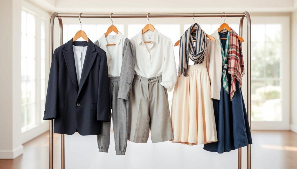 A stylish wardrobe capsule featuring five versatile clothing pieces arranged on a minimalist rack. In the foreground, showcase a tailored blazer, a crisp white shirt, a pair of tailored trousers, a flowy midi skirt, and a classic pair of shoes, all in harmonious colors that align with brand aesthetics—think navy, soft gray, and pastel tones. The middle ground reveals a well-organized dressing space with accessories like scarves and belts neatly placed nearby. The background is softly blurred, suggesting a bright and airy room with natural light streaming in through large windows, evoking a fresh and inviting atmosphere. The image captures a sense of freedom and creativity, inspiring viewers to envision multiple outfit combinations for various occasions.