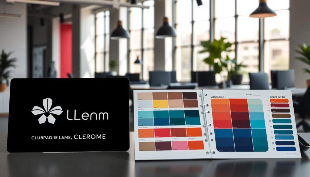 A visually striking composition highlighting "Monochrome vs. Complementary" color schemes in branding. In the foreground, display two elegantly designed brand logos: one in a sleek monochrome palette and the other featuring vibrant complementary colors, both professionally styled. In the middle ground, showcase a stylish, well-organized color palette guide with swatches and fabric samples that reflect these branding concepts. The background should consist of a modern office environment with subtle color accents, where natural light streams in through large windows, casting dynamic shadows. Capture the scene from a slightly elevated angle for a comprehensive view, evoking a sophisticated and productive atmosphere, ideal for branding creativity and decision-making.