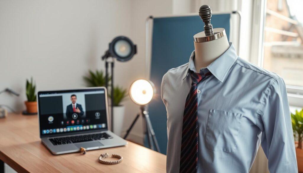 A well-organized and aesthetically pleasing workspace set up for webcam settings, featuring a laptop with an open camera application displaying a professional video call interface. In the foreground, a mannequin dressed in a crisp button-up shirt with an interesting collar, alongside a vibrant necktie and non-distracting jewelry set on a nearby table. In the middle, a soft, diffused light illuminates the scene to create a warm, inviting atmosphere, with a small ring light angled towards the shirt for optimal color reflection. The background showcases a simple, solid color backdrop enhancing the focus on wardrobe choices, along with a few tasteful potted plants to add a touch of life. Natural daylight streams from a nearby window, providing an additional layer of illumination and balance. The overall mood is professional yet approachable, ideal for remote headshot preparation. A well-organized and aesthetically pleasing workspace set up for webcam settings, featuring a laptop with an open camera application displaying a professional video call interface. In the foreground, a mannequin dressed in a crisp button-up shirt with an interesting collar, alongside a vibrant necktie and non-distracting jewelry set on a nearby table. In the middle, a soft, diffused light illuminates the scene to create a warm, inviting atmosphere, with a small ring light angled towards the shirt for optimal color reflection. The background showcases a simple, solid color backdrop enhancing the focus on wardrobe choices, along with a few tasteful potted plants to add a touch of life. Natural daylight streams from a nearby window, providing an additional layer of illumination and balance. The overall mood is professional yet approachable, ideal for remote headshot preparation.