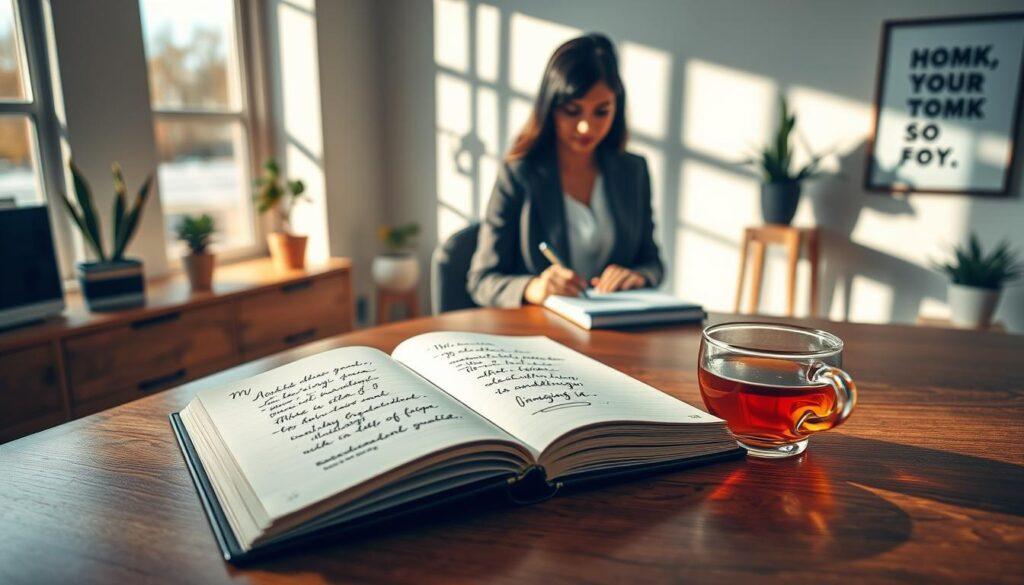 A serene workspace featuring a modern desk with an inviting atmosphere. In the foreground, a polished wooden desk holds an open journal filled with written affirmations in elegant handwriting. Beside it, a steaming cup of herbal tea exudes warmth. The middle ground displays a well-dressed professional woman, in a smart blazer, confidently writing her intentions on a notepad, showcasing a focus on mindset and self-empowerment. In the background, large windows let in soft, golden morning light, casting gentle shadows across the room. Minimalistic decor, like potted plants and motivational art on the walls, enhances the positive ambiance. The mood is uplifting and inspiring, encouraging self-reflection and confidence.