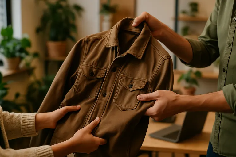 A neat rail of reused office clothing in neutral colors