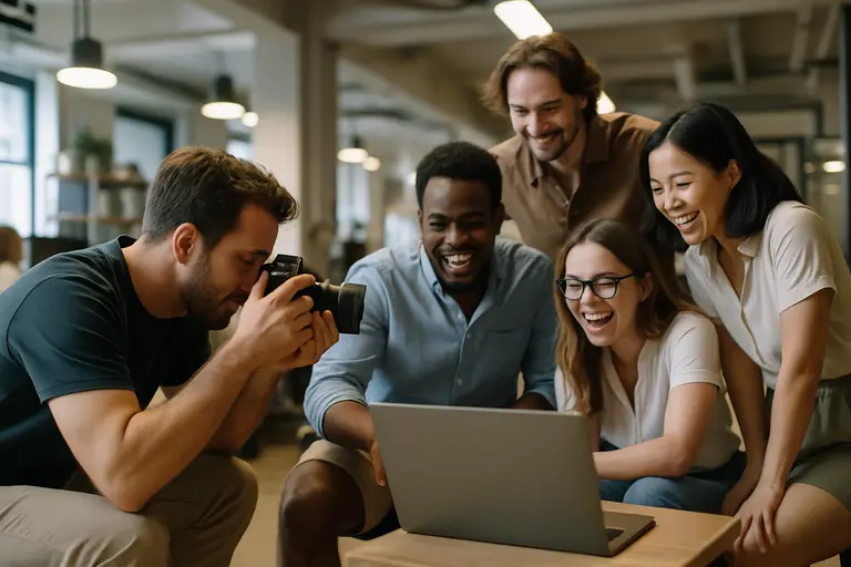 Creative team reviewing professional photos on a laptop in an office