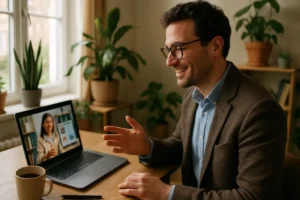 hybrid work image outfit with blazer, laptop, and neutral office setting