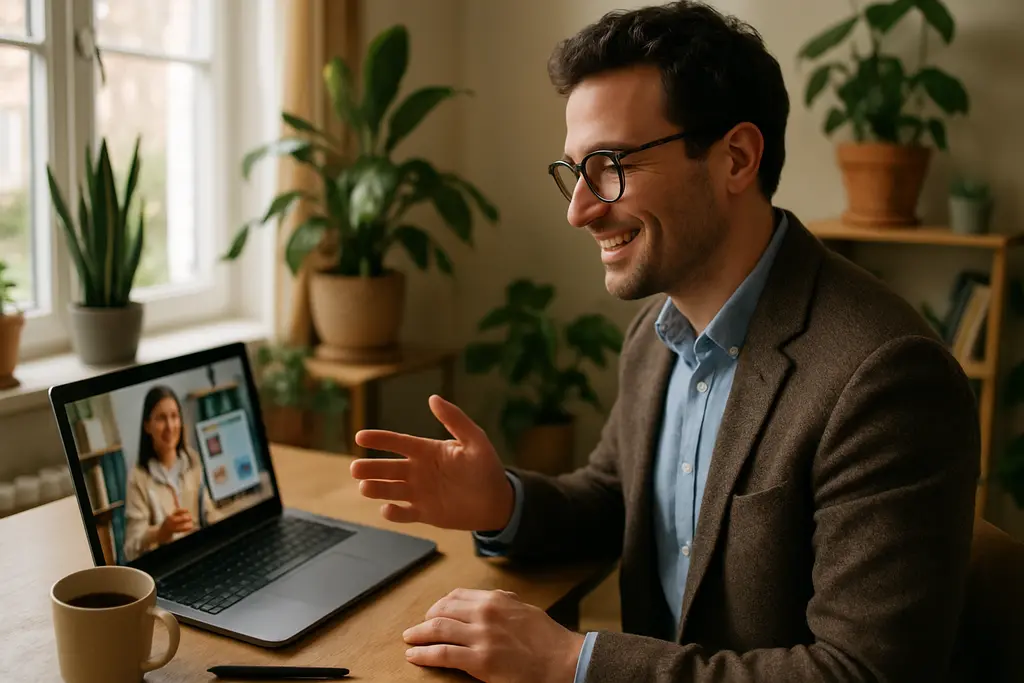 hybrid work image outfit with blazer, laptop, and neutral office setting
