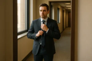 Professional choosing clothing for workplace self-perception before a workday