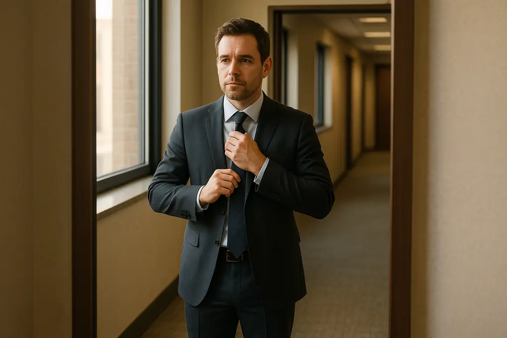 Professional choosing clothing for workplace self-perception before a workday