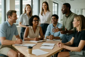 Professional reviewing workplace shorts options beside neutral office clothing