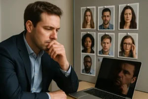 AI headshots comparison with a professional reviewing career profile images