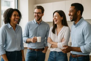 casual dress policies shown through polished office outfits in a meeting space