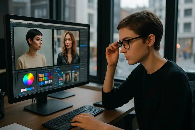 Creative team comparing approved portrait edits on a screen