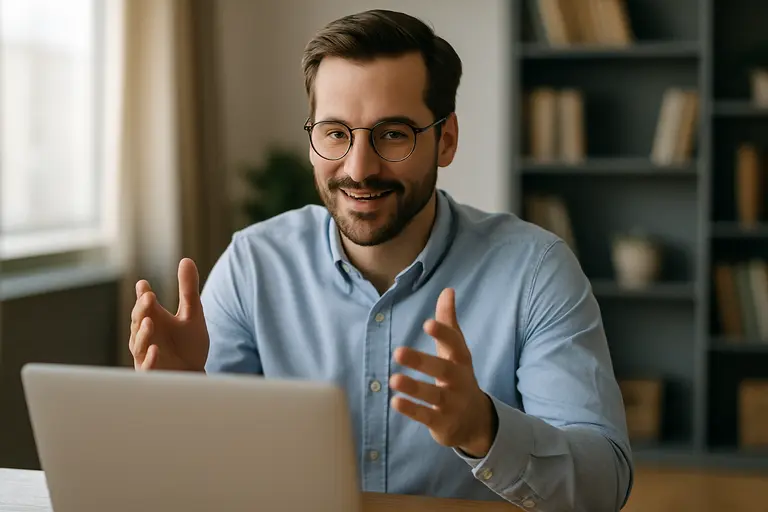 Professional seated on a video call with balanced lighting and neat clothing