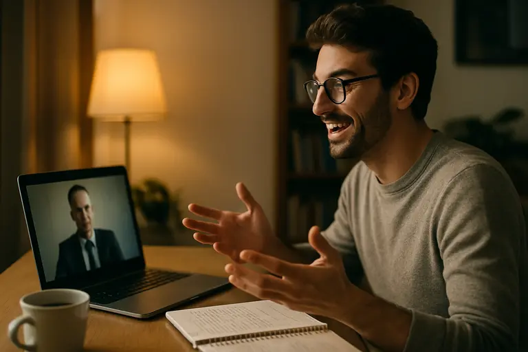 Interview candidate using small hand gestures while speaking on a laptop call